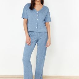 Trendyol Self Design V-Neck Pure Cotton Shirt With Pyjamas-image-85