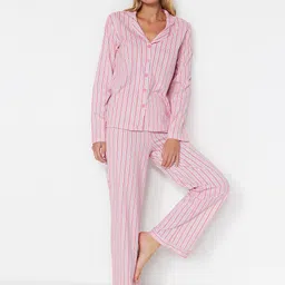 Trendyol Lapel Collar Striped Pure Cotton Night Suit-image-75