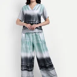 NIGHT FLOSS Colourblocked V-Neck Pure Cotton Night Suit-image-42
