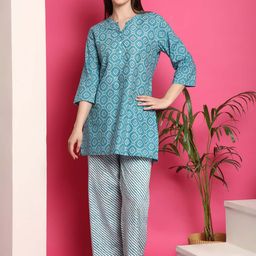 Indreams Ethnic Motifs Printed Band Collar Pure Cotton Night Suit-image-40