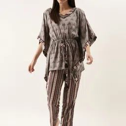 Bannos Swagger Women Grey & Brown Printed Kaftan Night Suit-6