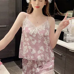LULU & SKY Floral Printed Lace Detailed Shoulder Strapped Satin Night suit-picture-29