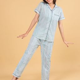 TWEENY MINI Girls Vertical Striped Lapel Collar Pure Cotton Shirt & Pyjama-image-94