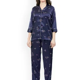 ESTERIA Geometric Printed Shirt With Pyjamas Satin Night Suit-image-5