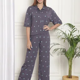 Kanvin Purple Geometric Printed Cotton Night Suit-image-26