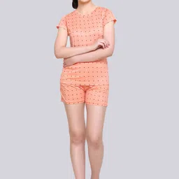 Obaan Women Peach-Coloured & Black Printed Night suit-12