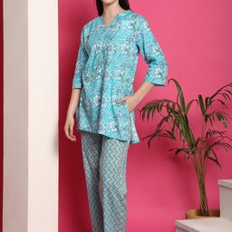 Indreams Ethnic Motifs Printed Band Collar Pure Cotton Night Suit-image-43