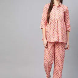 KALINI Women Printed Shirt Collar Mid Rise Pure Cotton Shirt and Pyjamas Night suit-image-11