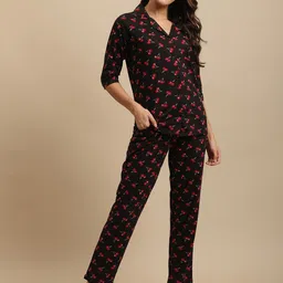 Claura Black Conversational Printed Pure Cotton Night Suit-image-5
