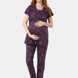Fabme Conversational Printed Pure Cotton Maternity and Nursing Top With Pyjamas-picture-22