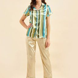 Sweet Dreams Green Striped Satin Night suit-image-19