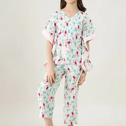 The Kaftan Company Girls White & Pink Printed Pure Cotton Night suit-image-78