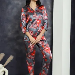 Claura Grey Floral Printed Satin Night suit-image-25