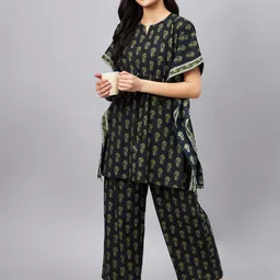 WineRed Floral Printed Pure Cotton Kaftan Night Suit With Scrunchie-image-83