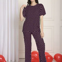 Kanvin Purple Geometric Printed Modal Cotton Night Suit-image-25