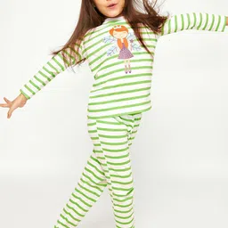 frangipani Girls Green & Purple Striped Pure Cotton Night suit-image-46