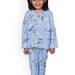 Little Musketeer Girls Blue & White Floral Printed Cotton Night suit-image-72