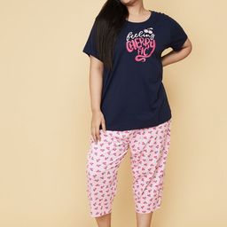 max Women Plus Size Navy Blue & Pink Printed Pure Cotton Night suit-90