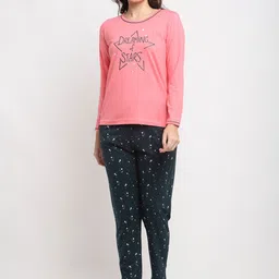 Kanvin Women Peach-Coloured & Navy Blue Typography Printed Pure Cotton Night Suit-image-7
