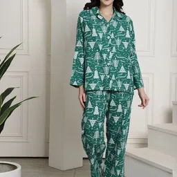Secret Wish Geometric Printed Lapel Collar Flannel Cotton Night suit-image-91