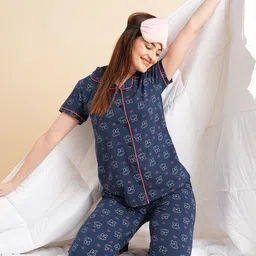 Sweet Dreams Navy Blue & White Conversational Printed Pure Cotton Night Suits-picture-13