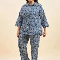 Sweet Dreams Plus Size Blue & White Ethnic Motifs Printed Pure Cotton Night Suit-picture-5