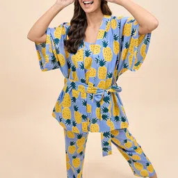 MABISH by Sonal Jain Conversational Printed Pure Cotton Top With Pyjamas & Robe image 3