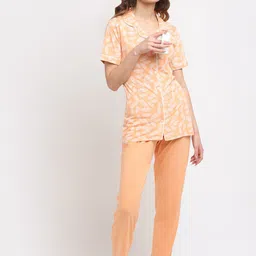 Kanvin Women Peach-Coloured & White Printed Longline Night suit image 5