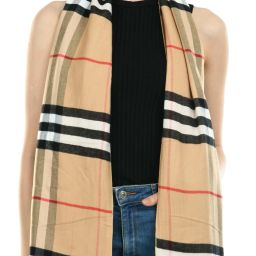Checkered Wool Blend Women Beige, Black, White Stole-picture-7