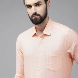 Arrow Men Peach-Coloured Checked Original Slim Fit Pure Cotton Formal Shirt-image-28