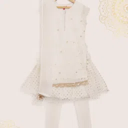 Biba Girls Off-White Embellished Kurta with Churidar & Dupatta-picture-34