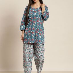 MBeautiful Women Blue & White Floral & Ikat Print Organic Cotton Night Suit-image-21