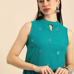 Anouk Women Teal Blue Ethnic Motifs Embroidered Regular Gotta Patti Kurta with Palazzos-13