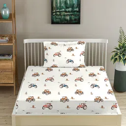 Trance Home Linen Orange & White Printed 180 TC S Fitted Cotton Single Bedsheet Set-4