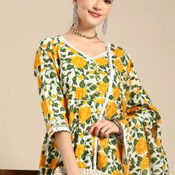 Sangria Women Yellow Floral Printed Lace Inserts Pure Cotton Kurta with Sharara & Dupatta-picture-12