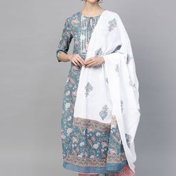 Sringam Women Blue & Pink Printed Kurta with Trousers & Dupatta-picture-17