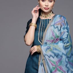 Inddus Women Blue Yoke Design Gotta Patti Chanderi Cotton Kurta with Trousers & With Dupatta-picture-20