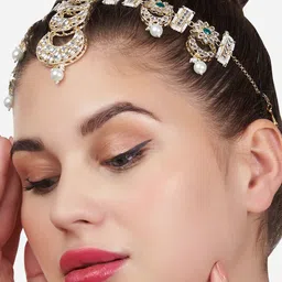 Zaveri Pearls Gold-Plated White Kundan & Pearls Embellished Matha Patti image 5