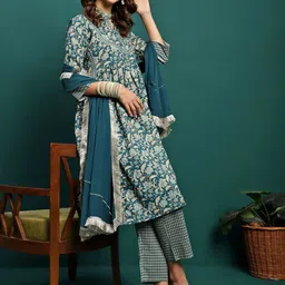 Sangria Printed Pure Cotton A-Line Kurta With Trouser & Dupatta Set image 1