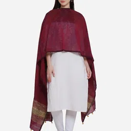 THE WEAVE TRAVELLER Women Magenta & Beige Striped Pure Cotton Dupatta-picture-0