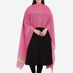 THE WEAVE TRAVELLER Pink & Cream-Coloured Striped Pure Cotton Dupatta with Zari-24