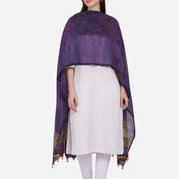 THE WEAVE TRAVELLER Purple & Gold-Toned Striped Pure Cotton Dupatta-32