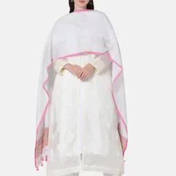 THE WEAVE TRAVELLER White & Pink Striped Woven Design Pure Cotton Dupatta-picture-44