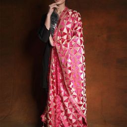 Exotic India Pink Peacock Phulkari Thread Embroidered Jhalar Border Silk Dupatta-38