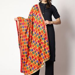 WEAVERS VILLA Ethnic Motifs Embroidered Art Silk Dupatta with Phulkari-picture-47