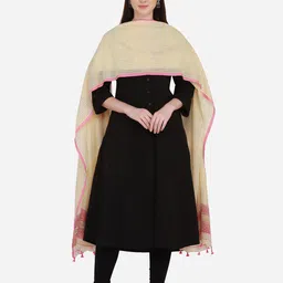 THE WEAVE TRAVELLER Beige & Pink Striped Pure Cotton Dupatta-37