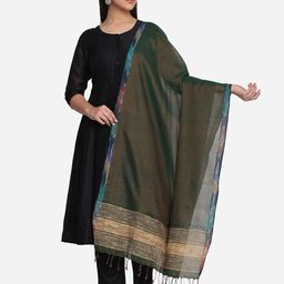 THE WEAVE TRAVELLER Women Green & Blue Solid Cotton Blend Dupatta-11