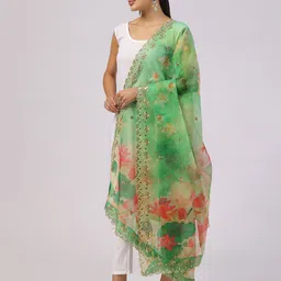 Kaizen TEXO FAB Floral Printed Linen Kalamkari Dupatta with Zari-18