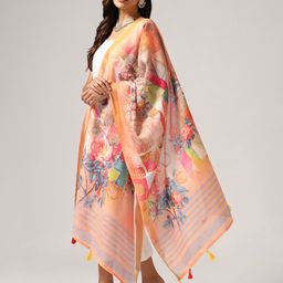 Kaizen TEXO FAB Floral Printed Linen Kalamkari Dupatta with Zari-7