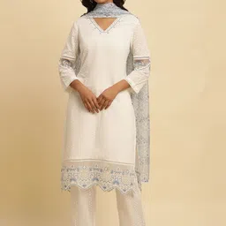 W Floral Embroidered Regular Thread Work Pure Cotton Kurta With Trousers & Dupatta-picture-33